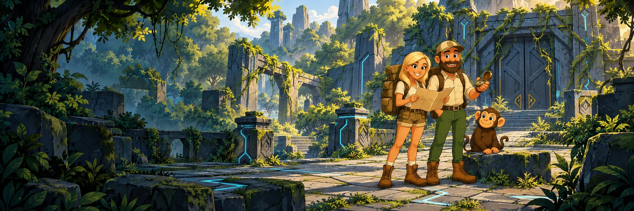 Jax, Kira and Miko explore the vine-covered blue-stone gateways and woodland paths of BlockRock Bastion.