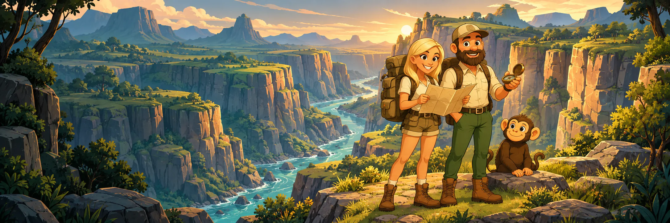 Jax, Kira and Miko explore grass-topped cliffs above a winding turquoise river in Chipstone Cliffs.