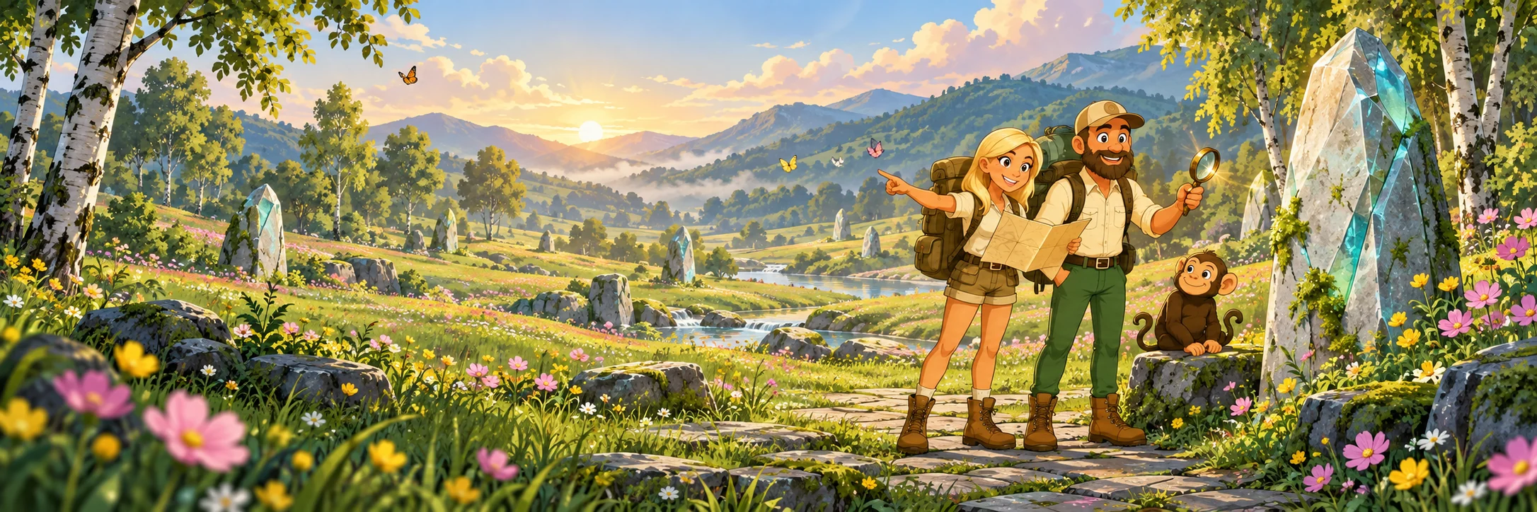 Jax, Kira and Miko explore a flower-filled meadow with pale standing stones and distant hills in Mirrorstone Meadows.