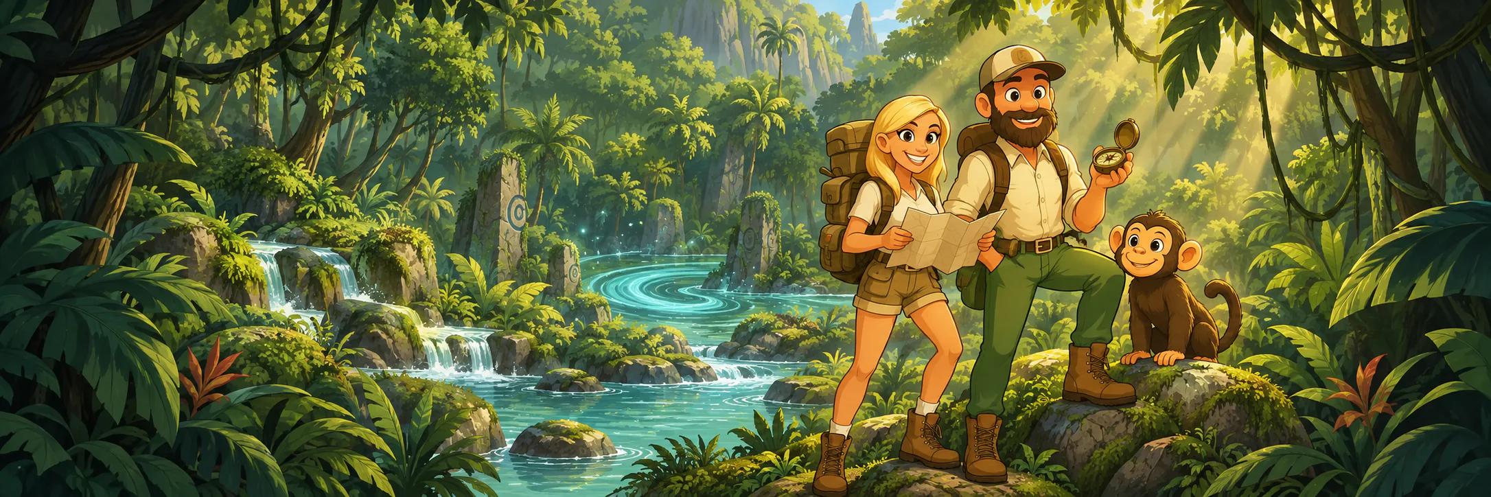 Jax, Kira and Miko explore a lush jungle beside the turquoise waters of Vaultshade Vortex.